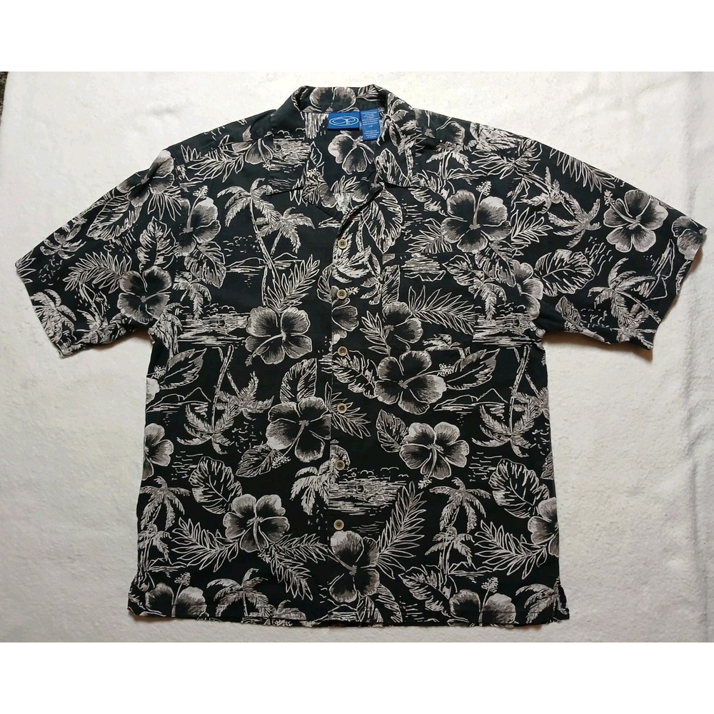 Vintage Ocean Pacific OP Hawaiian Shirt Men L Black White Hibiscus Palms